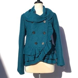 Anthropologie jacket ruffle elevenses sz 12 teal